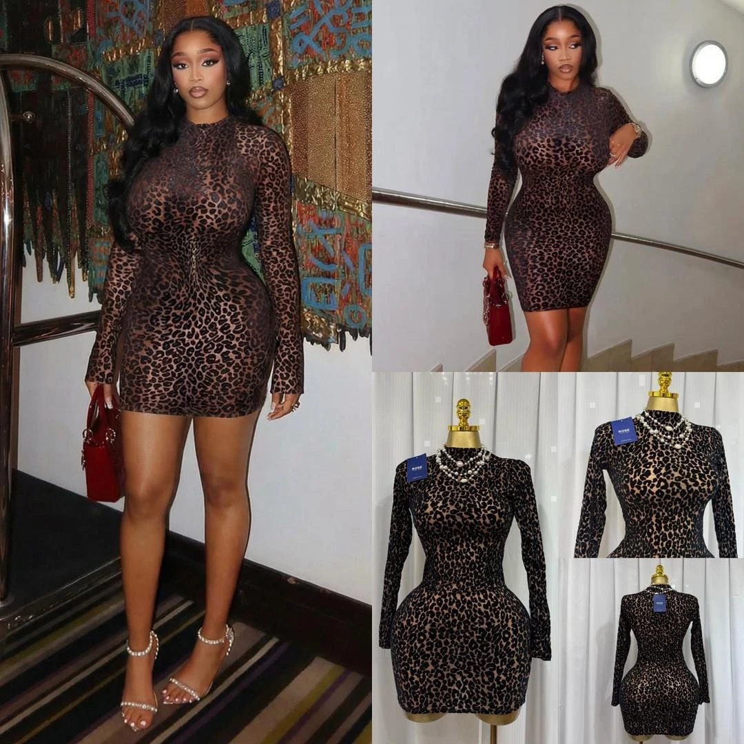 Women's Leopard Print Long-Sleeve Bodycon Mini Dress