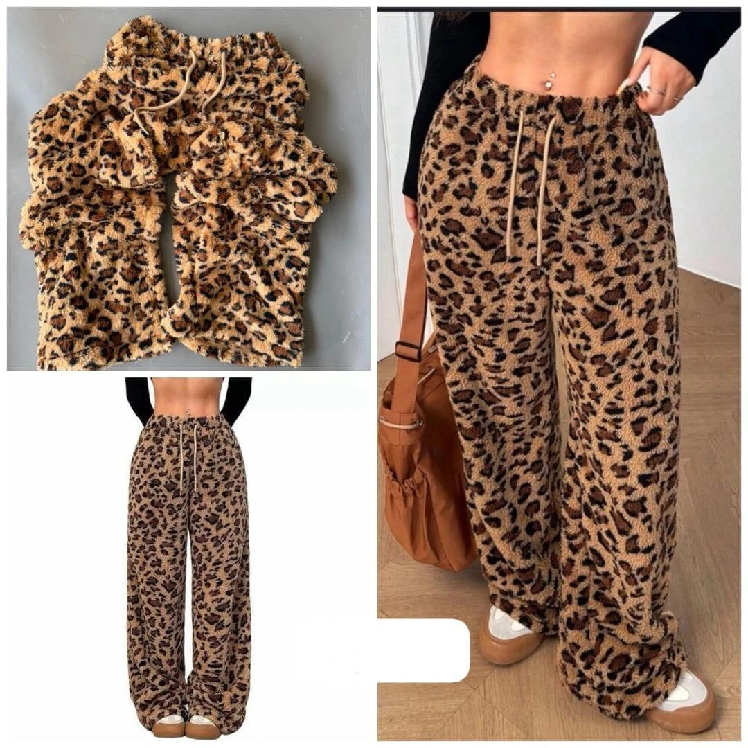 Leopard Print Plush Wide-Leg Lounge Pants