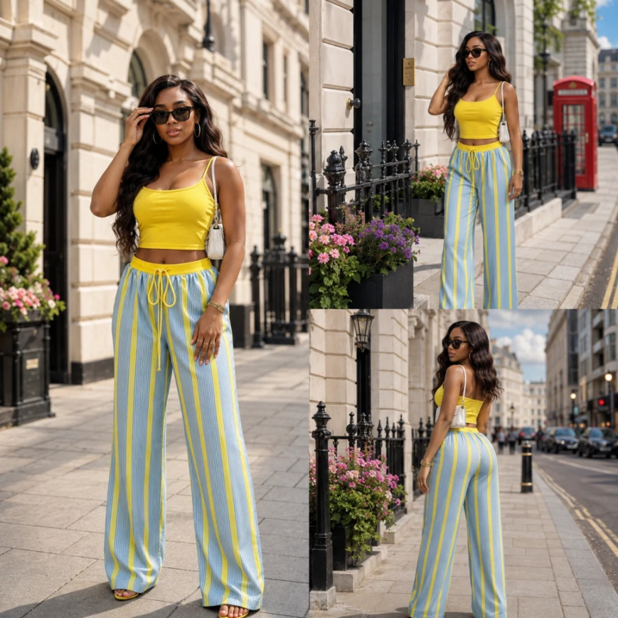 Women’s Yellow & Blue Striped Two-Piece Outfit