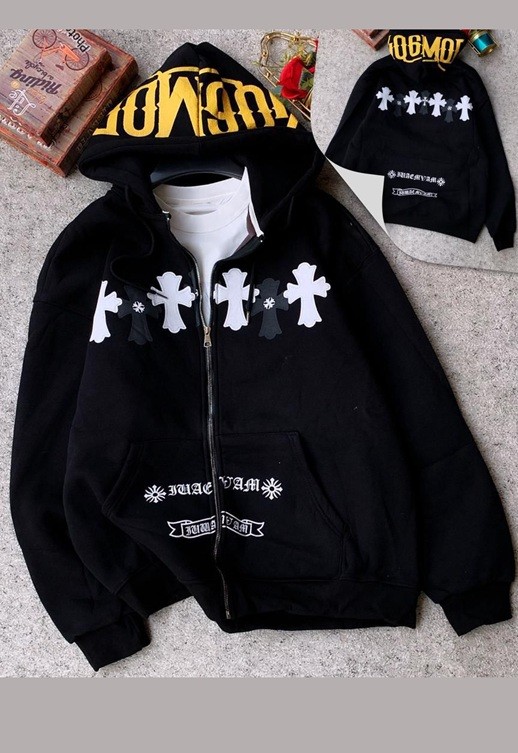 Oversized zip-up hoodie with a streetwear/gothic-inspired design.