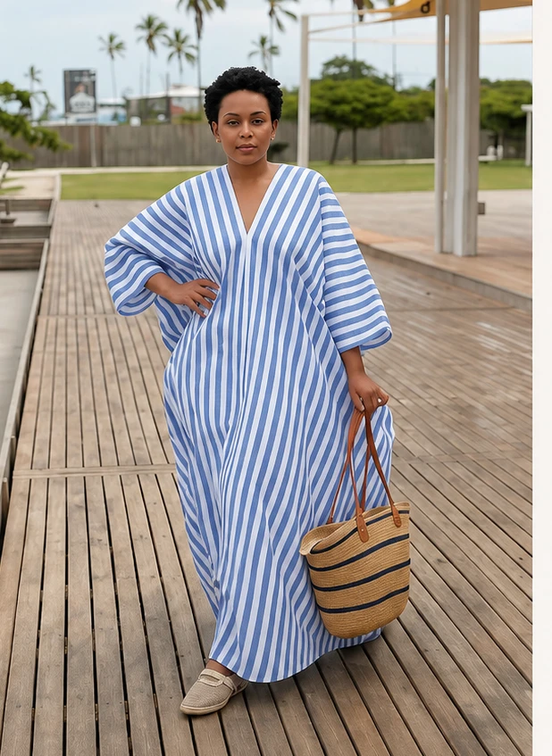 Women's Striped Maxi Boubou Kaftan Dress