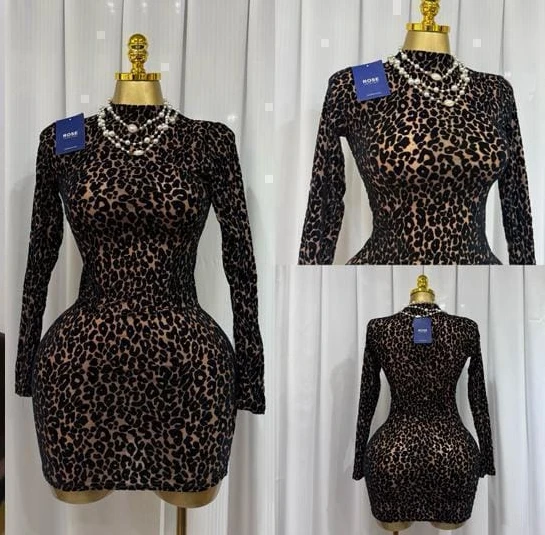 Women's Leopard Print Long-Sleeve Bodycon Mini Dress