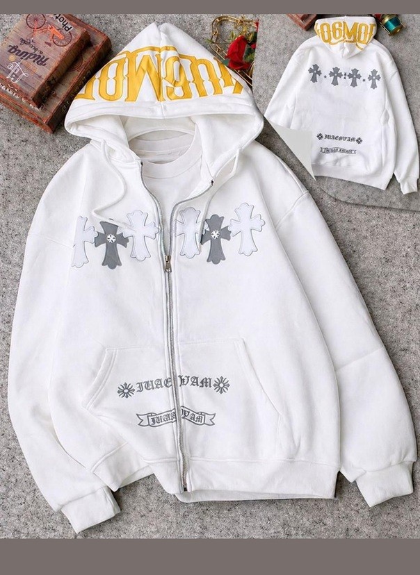 Oversized zip-up hoodie with a streetwear/gothic-inspired design.