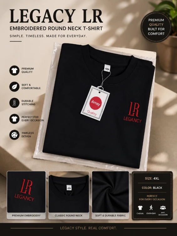 Black Men's round-neck T-shirt/polo with embroidered branding on the chest, other colors inclusive