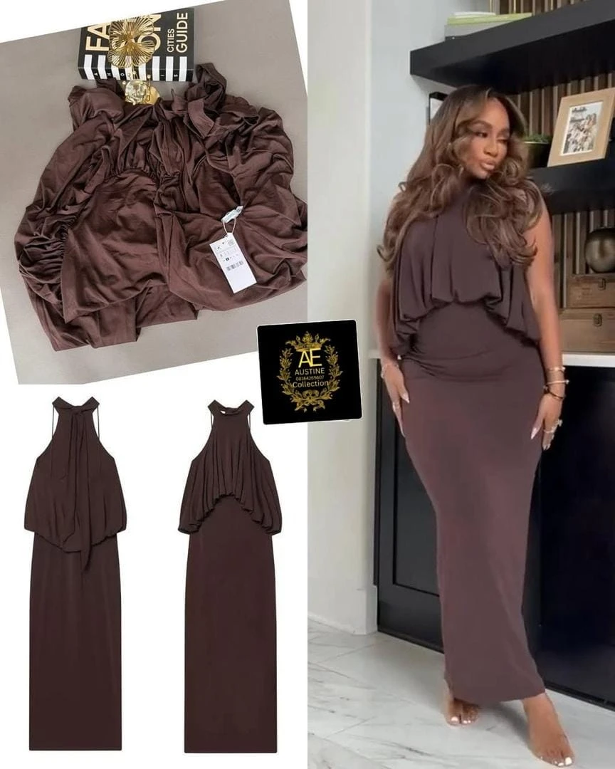 Women's Chocolate Brown Ruched Maxi Dress