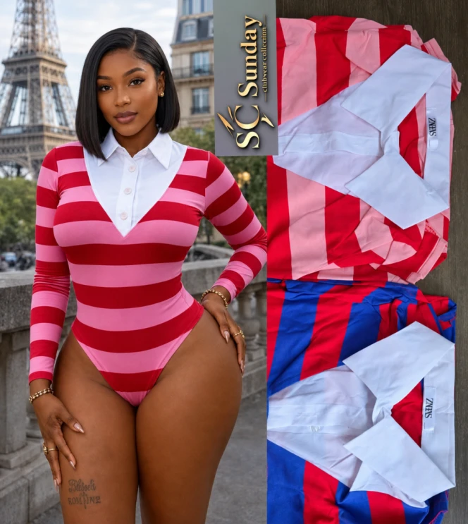 Women’s Striped Long-Sleeve Polo Bodysuit – Pink, Red & White