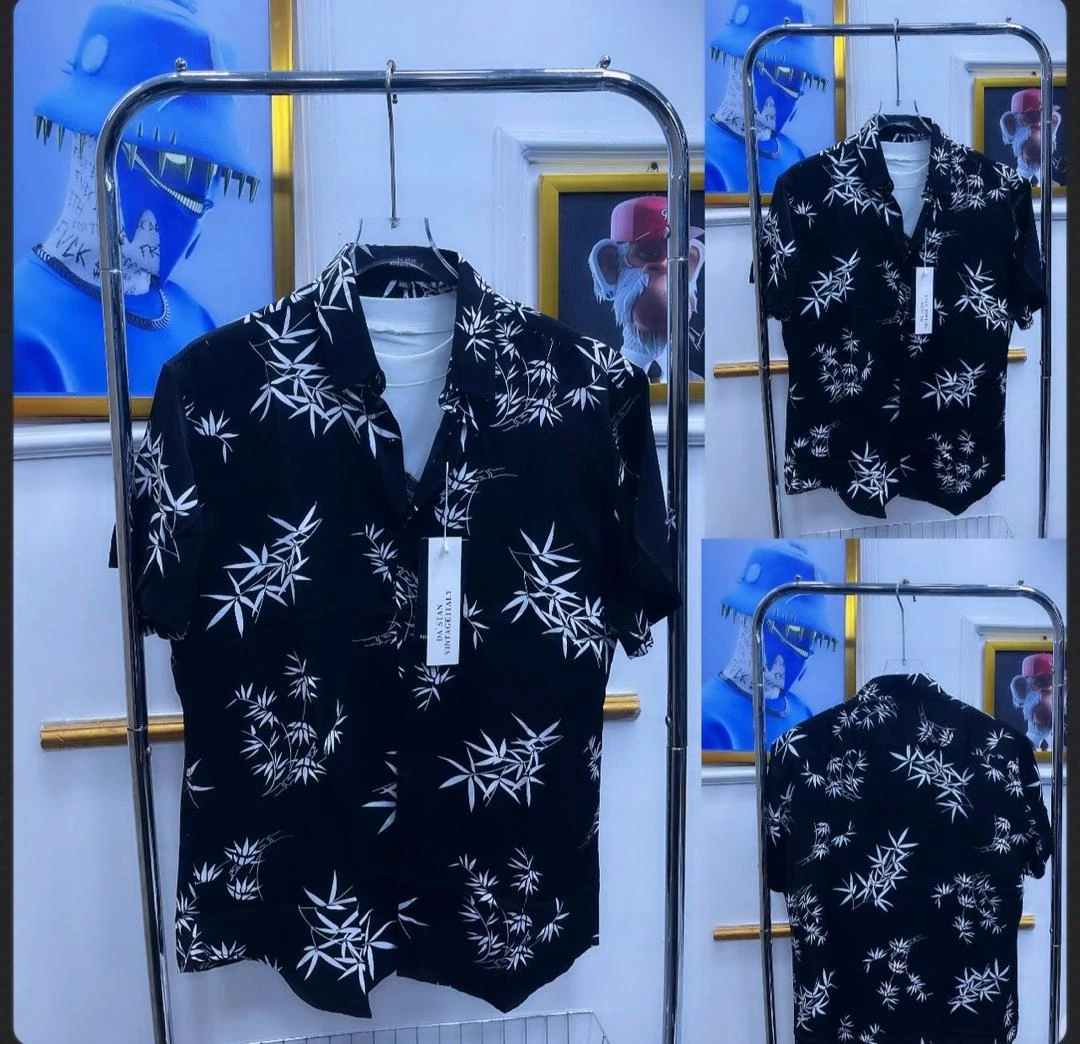 Men’s Black Bamboo Leaf Print Short Sleeve Cuban Collar Shirt