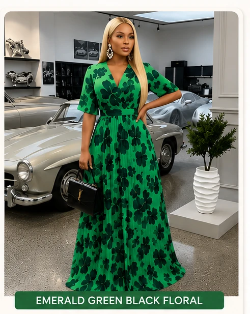 Women's Floral Print Pleated Maxi Dress