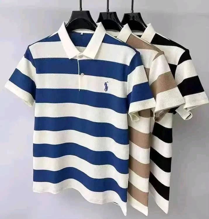 Men’s Classic Striped Knit Polo Shirt – Short Sleeve Casual Collared Top